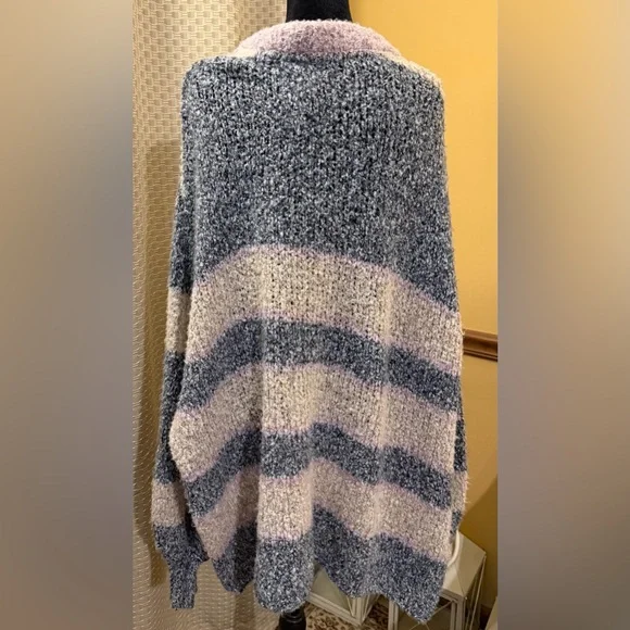 Free People BRB Blue Tan Oversized Side Slit Striped Tunic Sweater - Picture 5 of 8